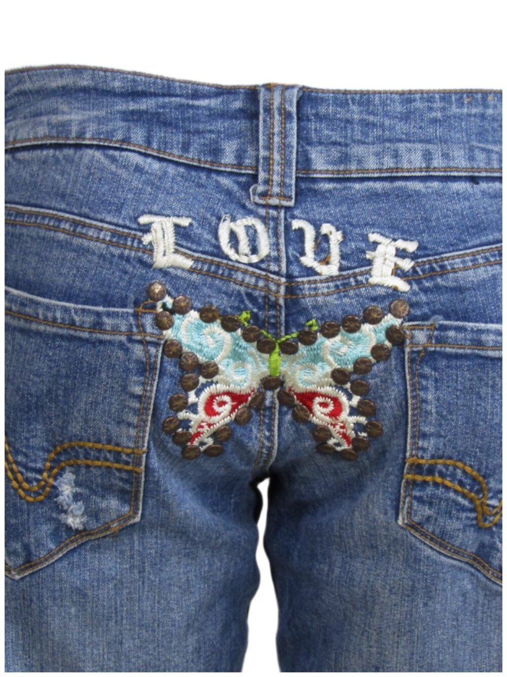 VTG Younique Embroidered Boho BUTTERFLY Low Rise Festival studded Jeans 13